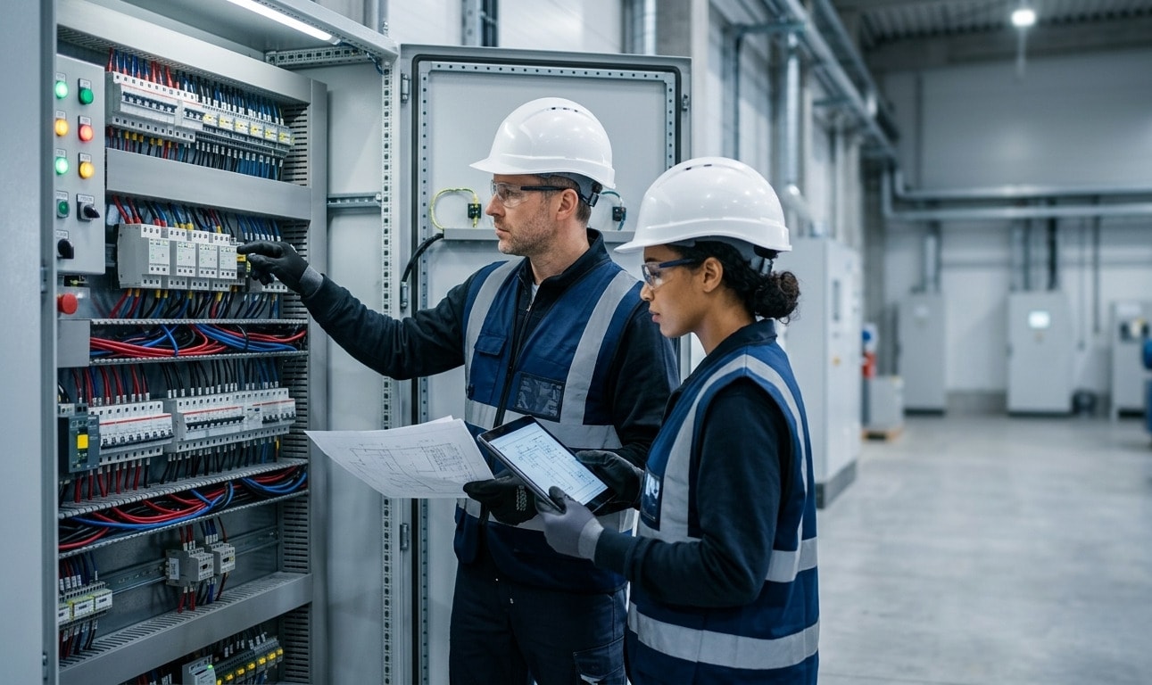Tablero eléctrico industrial moderno con ingenieros trabajando
